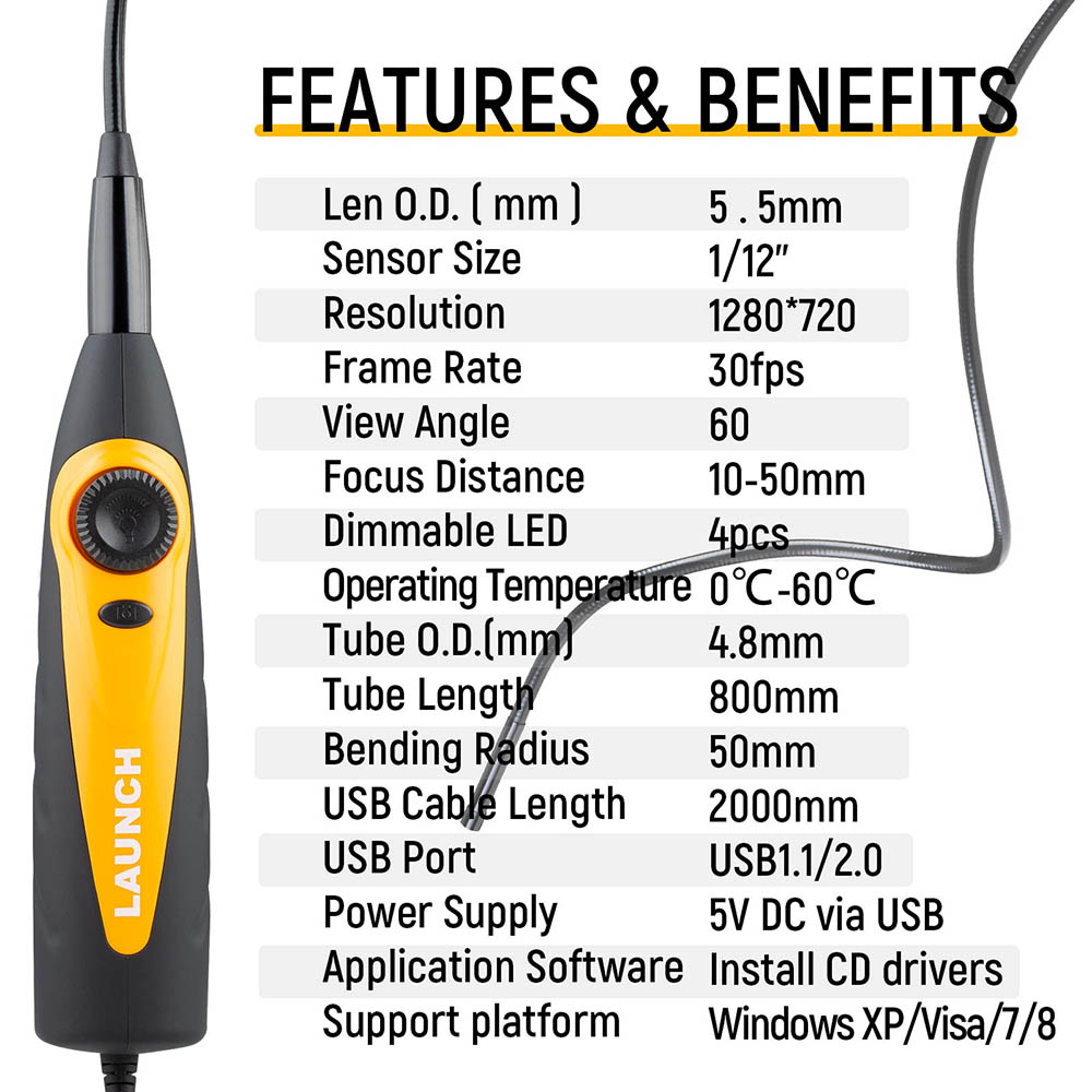 LAUNCH VSP-600 Inspection Camera Videoscope Borescope With 7mm USB For Viewing / Capturing Images Of Hard To Reach Areas