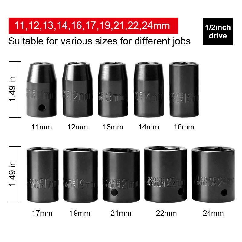 AEROPRO AP7006 10 PCS Shallow Impact Wrench Sockets 11-24mm